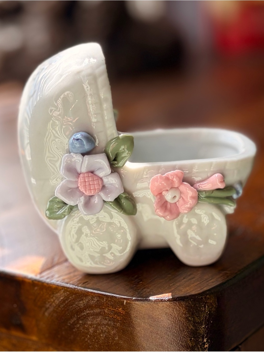 Porcelain Baby Carriage Planter with Pink and Lavender Floral Accents